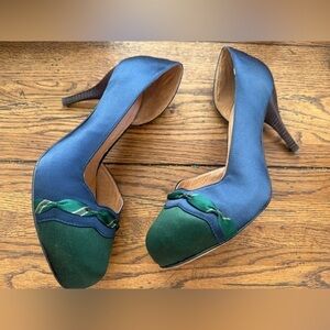 Anthropologie Lucky Penny Heeled Pumps NELLA SATIN HEEL ARGYLE NAVY/MARIN Heels